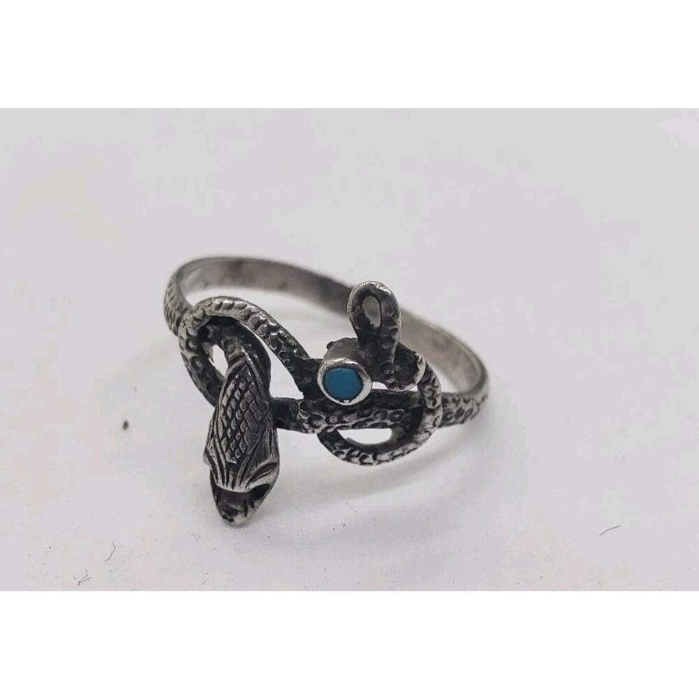 VTG Snake Ring With Turquoise 925 Sterling Silver Coiled Detailed Native 7.75 - Picture 5 of 10